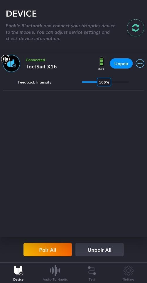Внешний вид приложения bHaptics на смартфоне
